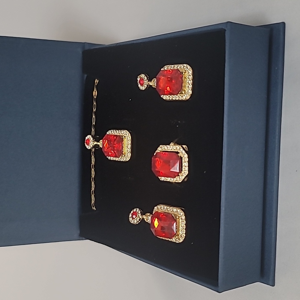 Exquisite Red Zircon Jewelry Set Necklace, Earrings, and Adjustable ring